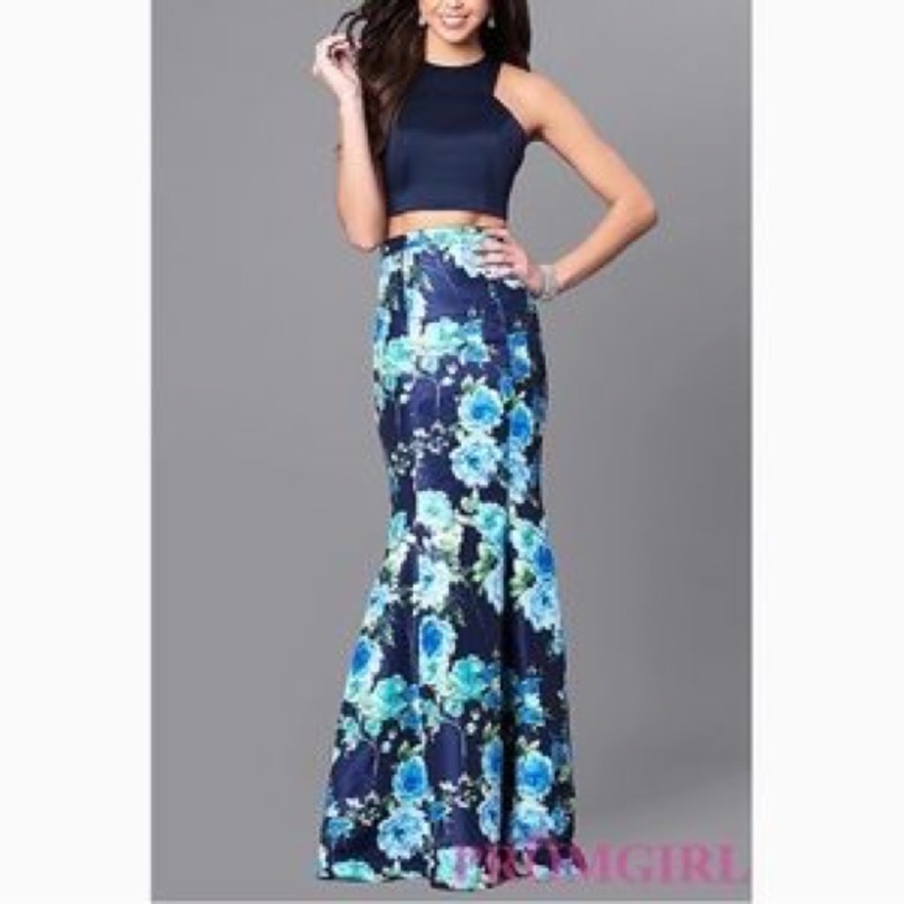 Navy Blue and Floral Prom Dress